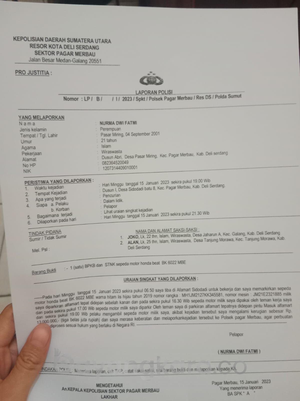 Ditinggal bekerja,sepeda motor karyawati Alfamart raib
