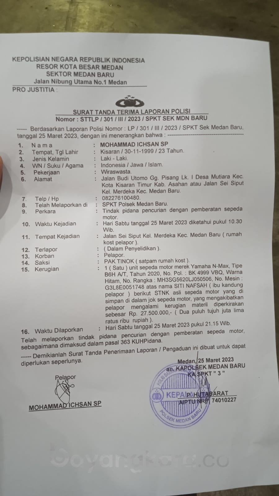 Ngeri…!!! Sepeda Motor Ichsan Hilang di kost Sei Siput Wilkum Medan Baru