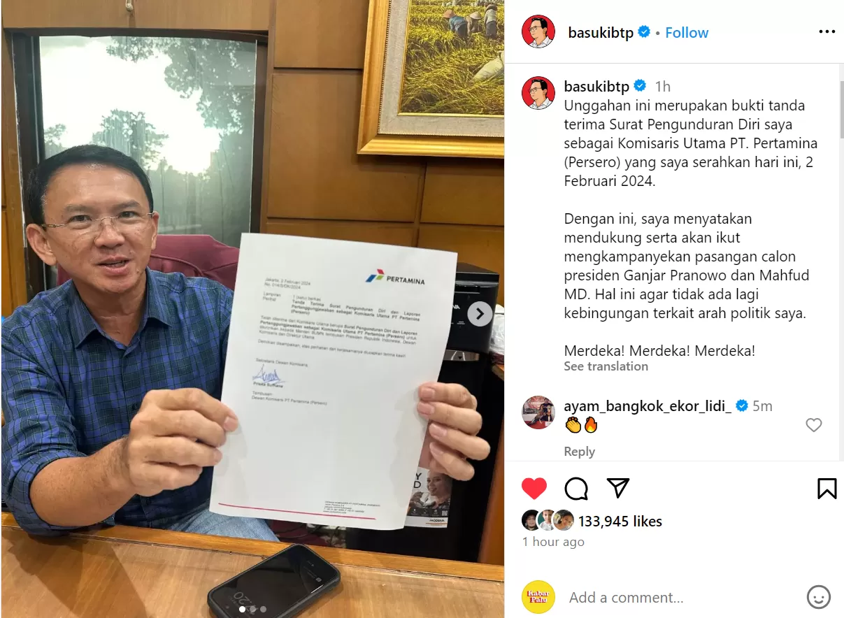 Ahok Resmi Mundur dari Pertamina untuk Dukung Ganjar-Mahfud