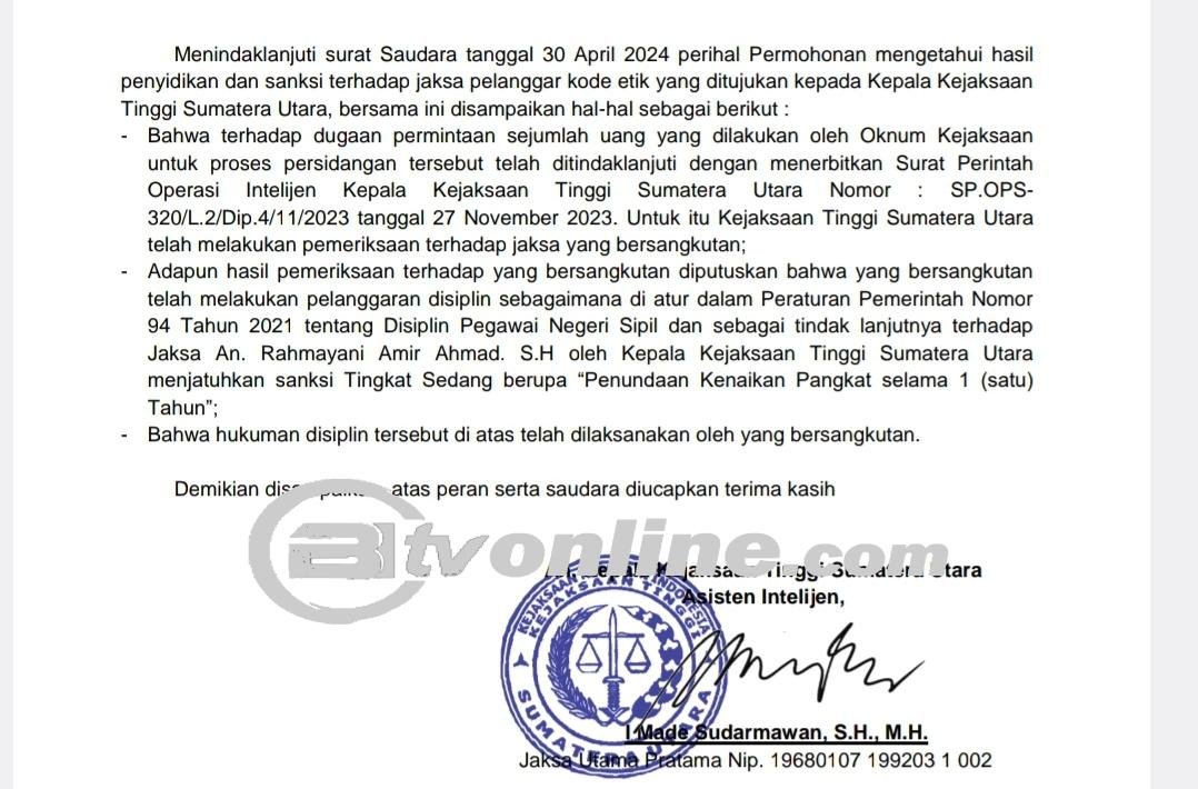 Oknum jaksa di Sumut bernama Rahmayani terbukti melakukan pelanggaran disiplin dan dijatuhi sanksi Tunda Kenaikan Pangkat