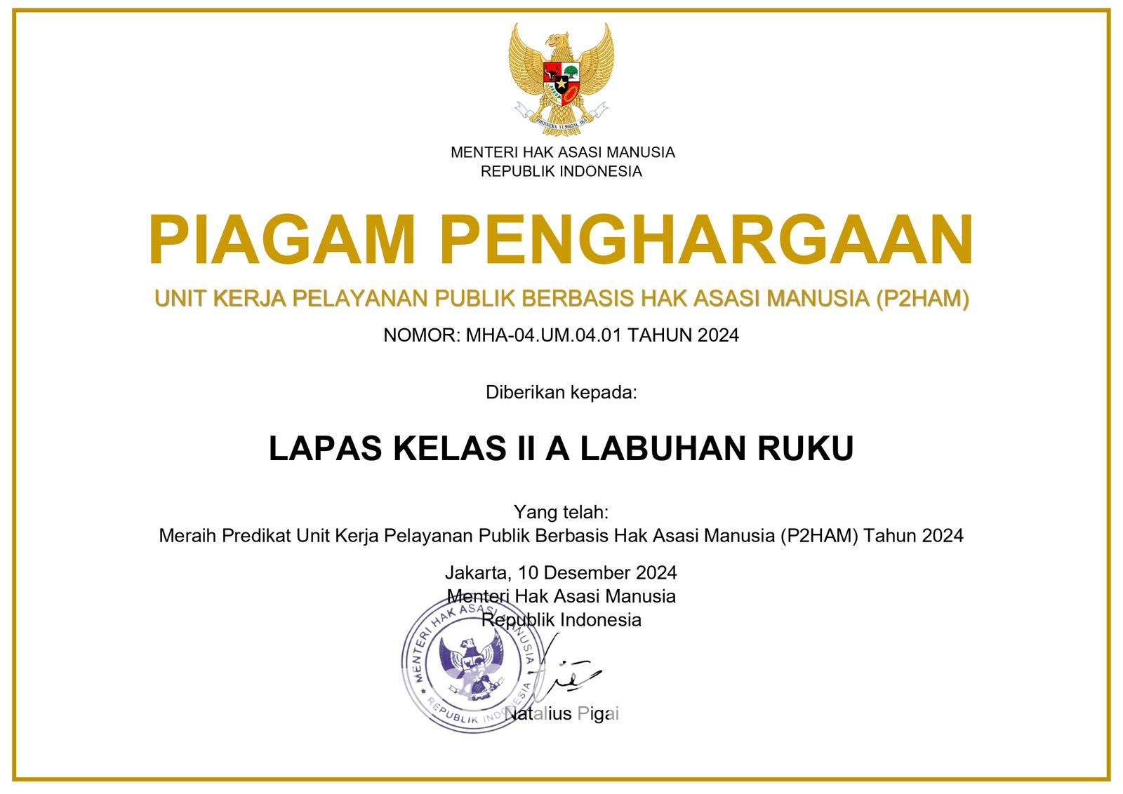 Lapas Labuhan Ruku Raih Penghargaan Unit Kerja Berbasis HAM dari Kemenkumham