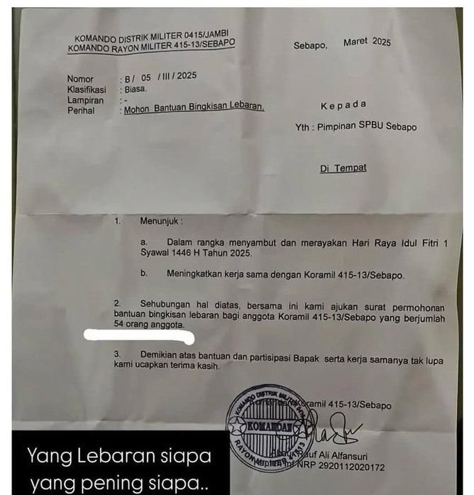 Viral! Surat Permohonan Bantuan Bingkisan Lebaran dari Koramil 415-13/Sebapo, TNI Pastikan Itu Palsu