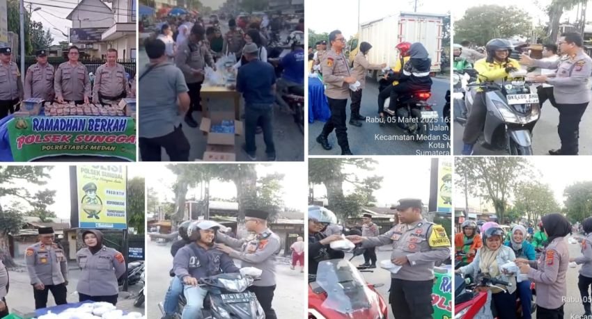 Kapolsek Medan Sunggal Bersama Waka Polsek Sunggal Membagikan Takjil Di Depan Mako Polsek Sunggal