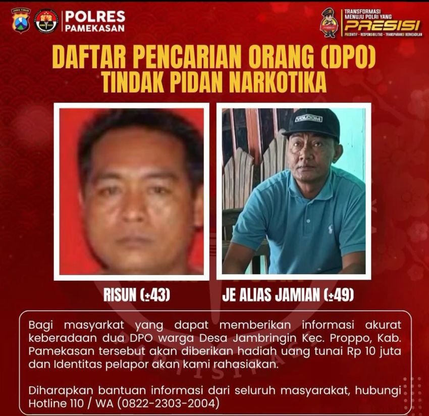 Dua Bandar Narkoba Kabur, Polres Pamekasan Janjikan Imbalan Rp10 Juta untuk Informan