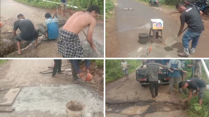 Warga Dusun Tapus dan Kantin Kompak Gotong Royong Perbaiki Jalan Rusak
