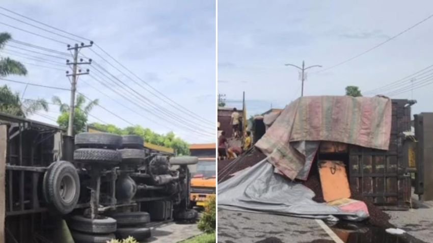 Truk Terguling Timbulkan Kemacetan Parah di Jalan Medan–Banda Aceh, Polisi Alihkan Arus Lalu Lintas