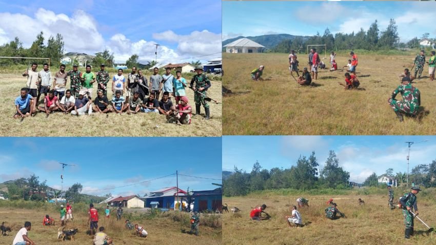 Gotong-Royong Bersama Satgas, Warga Dusun Pauk Bersihkan Lapangan Sepak Bola Desa Loonuna
