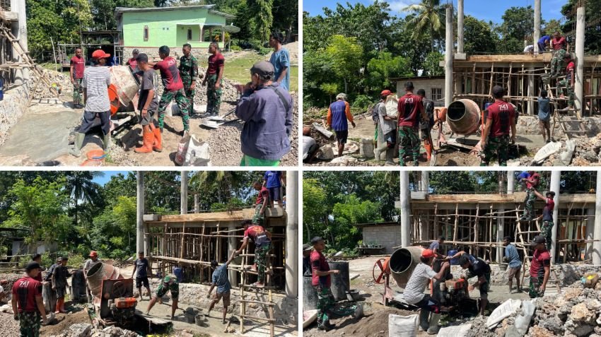 Pos Auren Satgas Yonif 741/GN Gotong Royong Bangun Rumah Adat Bersama Warga Perbatasan di Malaka