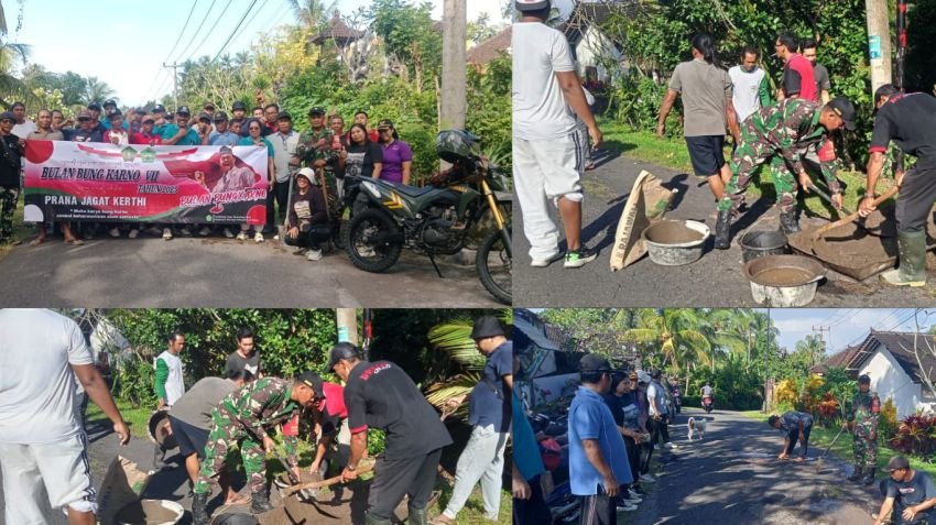 Peringati Bulan Bung Karno VII, Babinsa dan Warga Gotong Royong Tambal Jalan Rusak di Yehembang Kauh