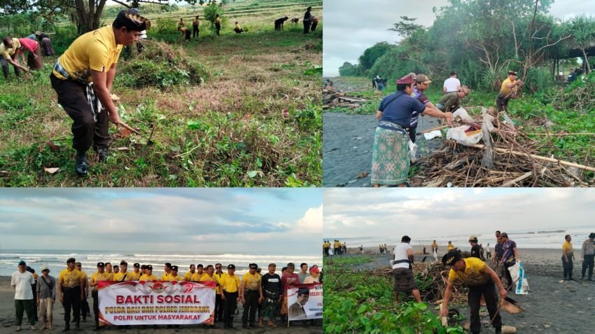 Sambut Hari Bhayangkara ke-79, Polsek Mendoyo Gelar Aksi Peduli Lingkungan di Pantai dan Kuburan Adat Yehembang Kangin