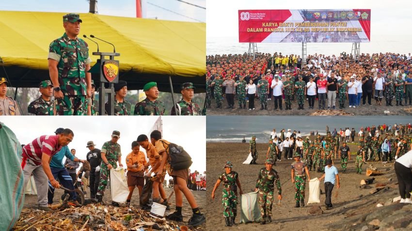 Sambut HUT ke-80 RI, Kasdam IX/Udayana Pimpin Karya Bakti Bersihkan Pantai Lembeng