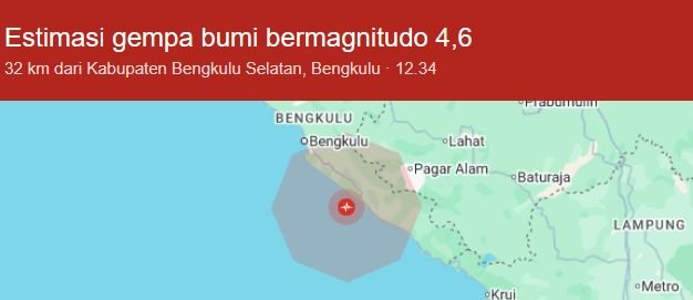 Gempa Bumi Magnitudo 4,6 Guncang Bengkulu Selatan, BMKG Pastikan Tidak Berpotensi Tsunami